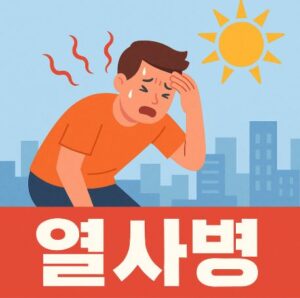 열사병으로 힘들어하는 남성의 모습 땀을 많이 흘리고 해가 쨍쨍 비추고 있습니다.