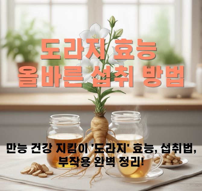 식타위에 꽃이핀 도라지 하나가 올려져 있고 그 주위에 도라지차, 도라지청, 잘라낸 도라지 등 이 놓여져 있다.