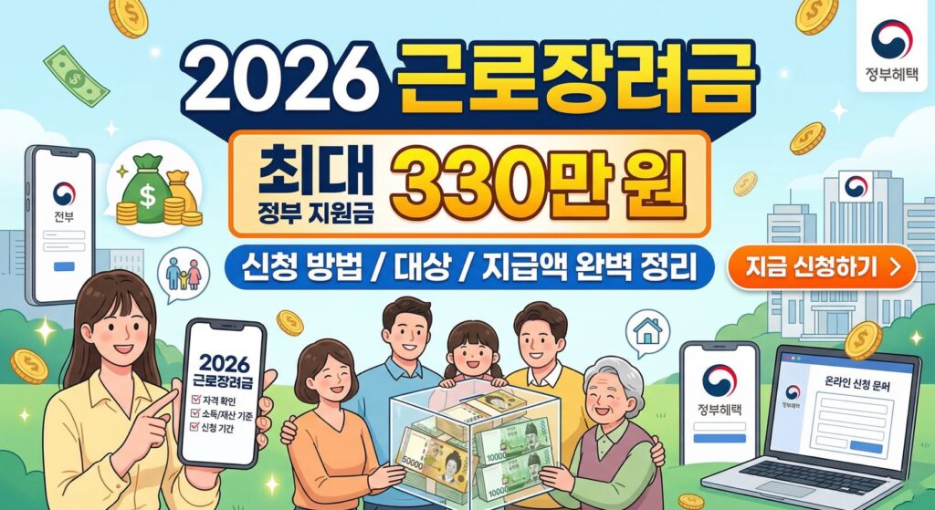 행복한 가족과 함께 2026년 근로장려금 최대 330만 원 신청 방법, 대상, 지급액 정리를 설명하는 블로그 썸네일 이미지